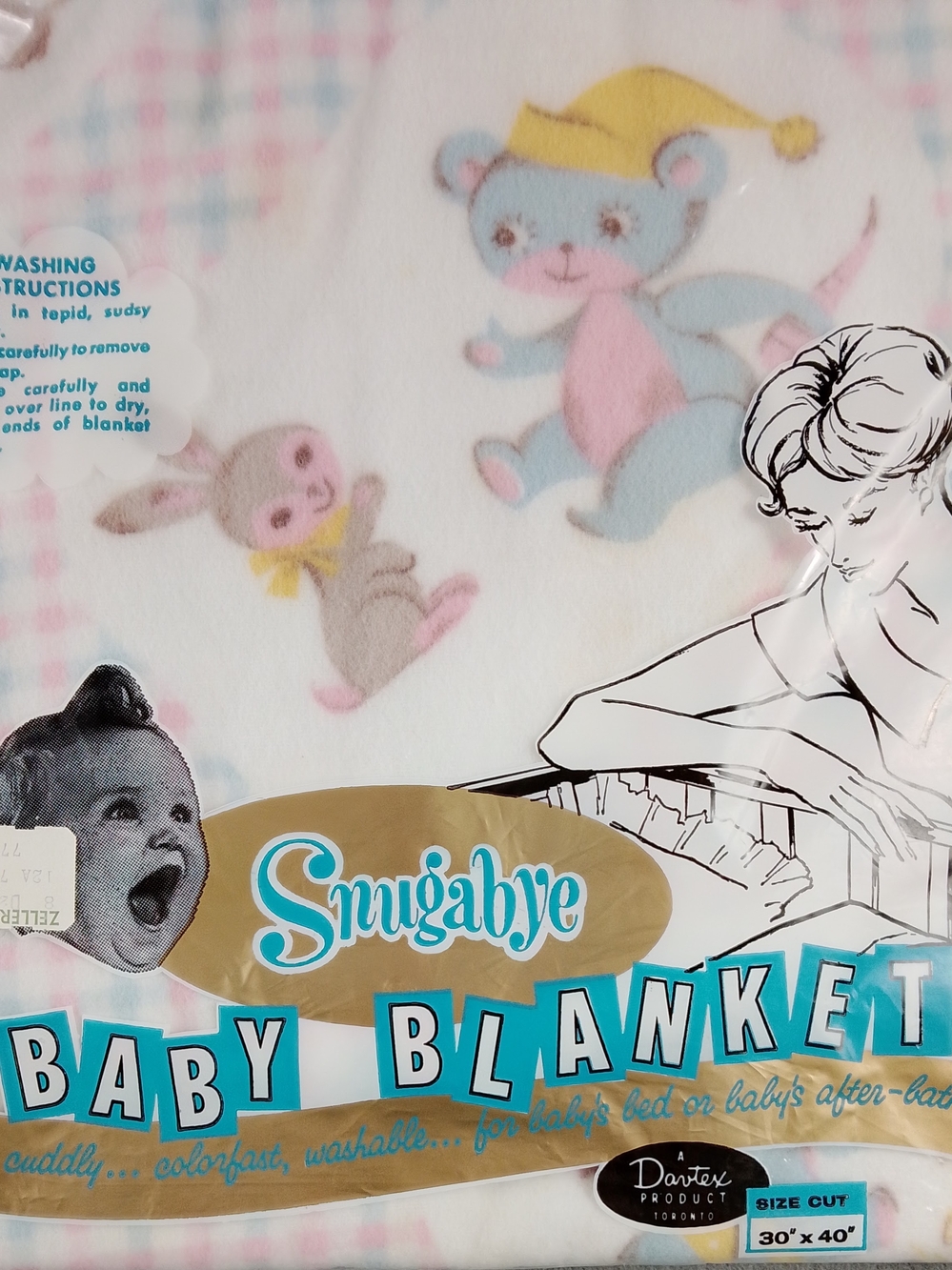 Baby Blanket Vintage - White with Pastel Pink & Blue Animal Print Sealed